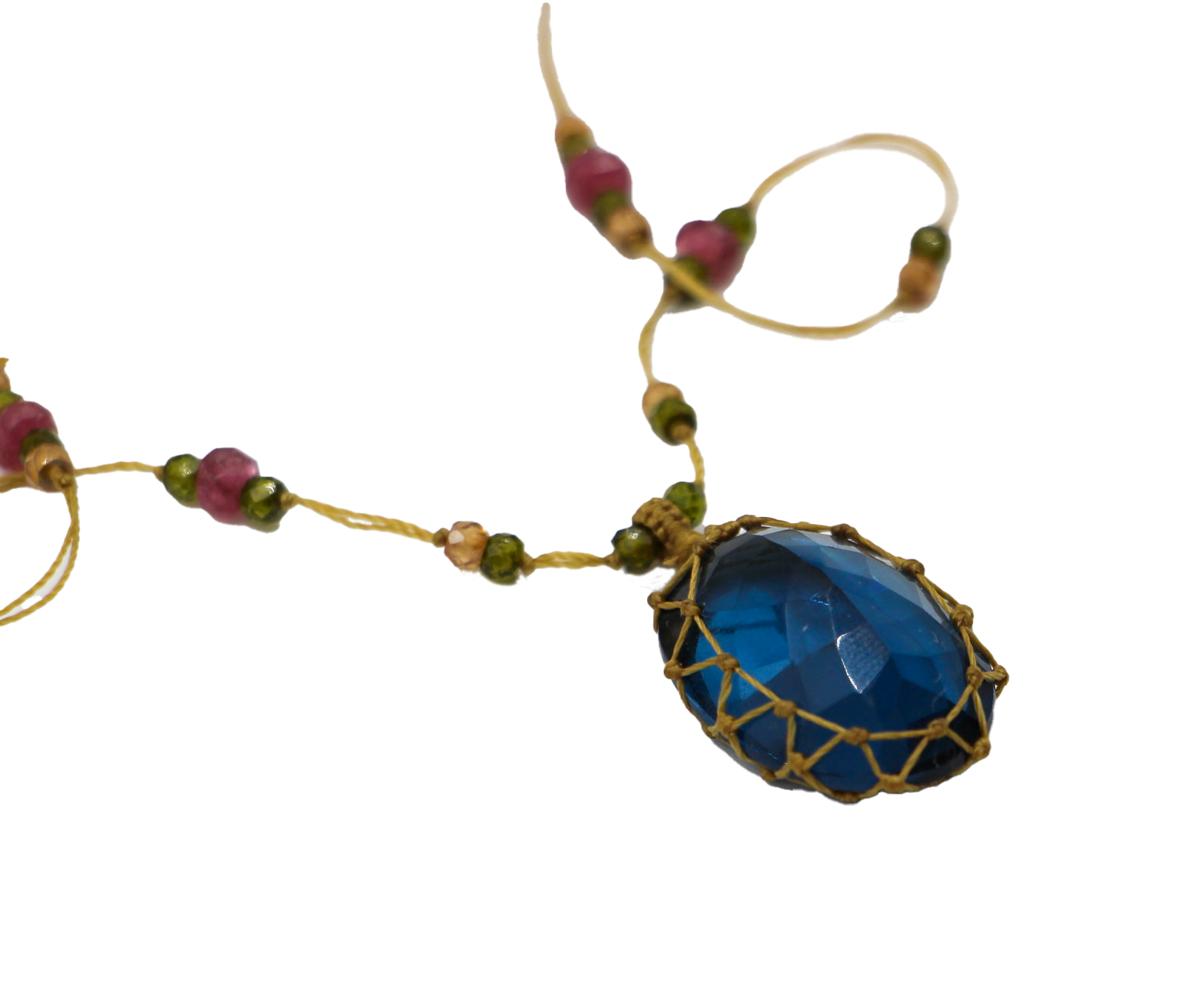 Collier Court Tibétain - Indian Glass Tanzanite - Mix Tourmaline Rose - Fil Beige