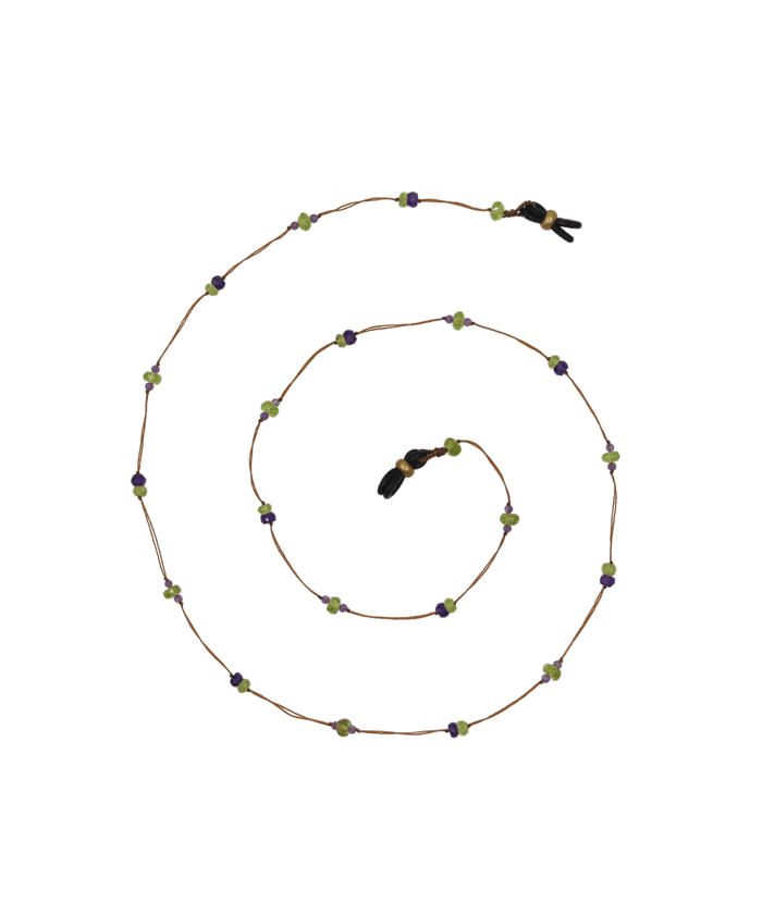 Chaîne de Lunettes Lucy - Peridot & Amethyst Violett - Tabakfarbenes Band