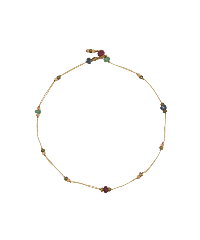 Ankle Bracelet Anky Precious Ruby Emerald Sapphire - Beige Thread