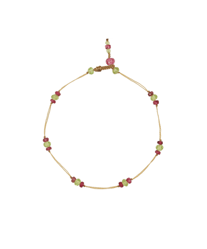 Bracelet T.Bee Duo - Peridot & Rosa-Turmalin - Beiger Faden