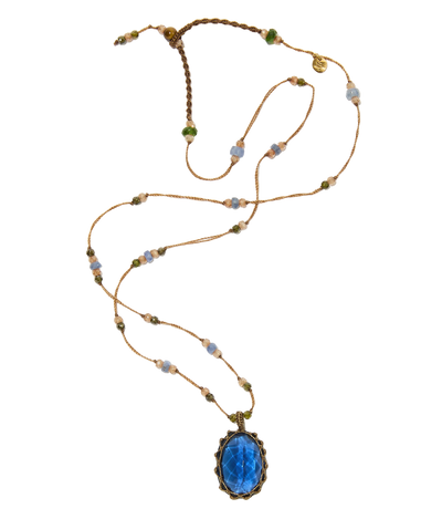 Collier court tibétain - Indian Glass Tanzanite - Mix Saphir - Fil Beige