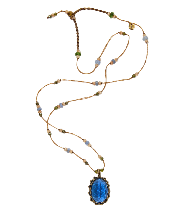 Collier court tibétain - Indian Glass Tanzanite - Mix Saphir - Fil Beige