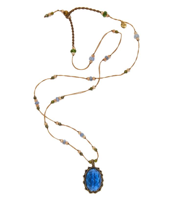 Collier court tibétain - Indian Glass Tanzanite - Mix Saphir - Fil Beige
