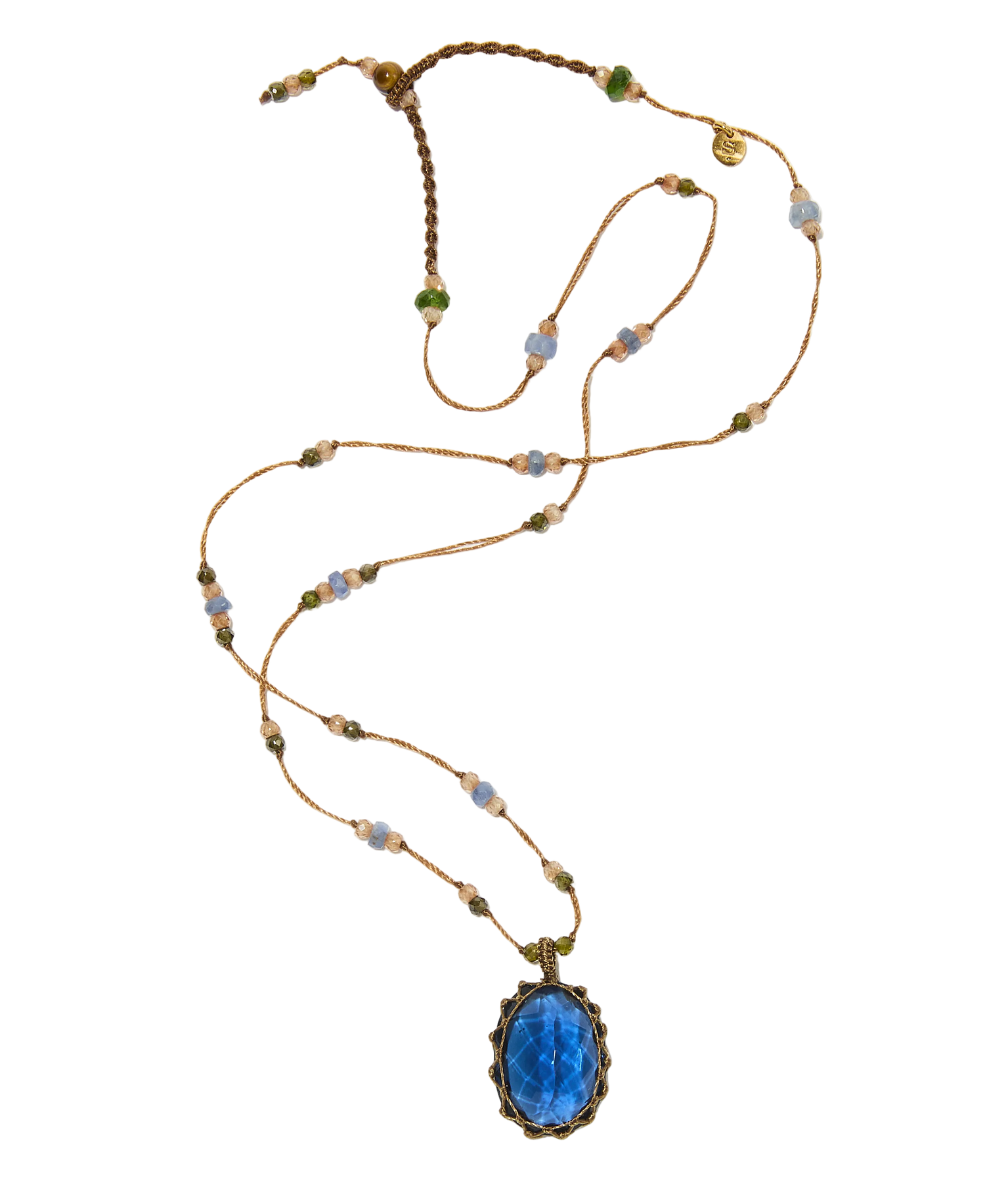 Collier court tibétain - Indian Glass Tanzanite - Mix Saphir - Fil Beige