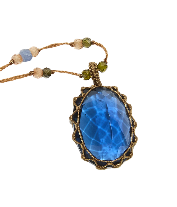 Collier court tibétain - Indian Glass Tanzanite - Mix Saphir - Fil Beige