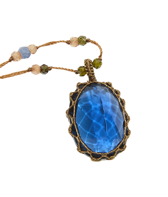 Collier court tibétain - Indian Glass Tanzanite - Mix Saphir - Fil Beige
