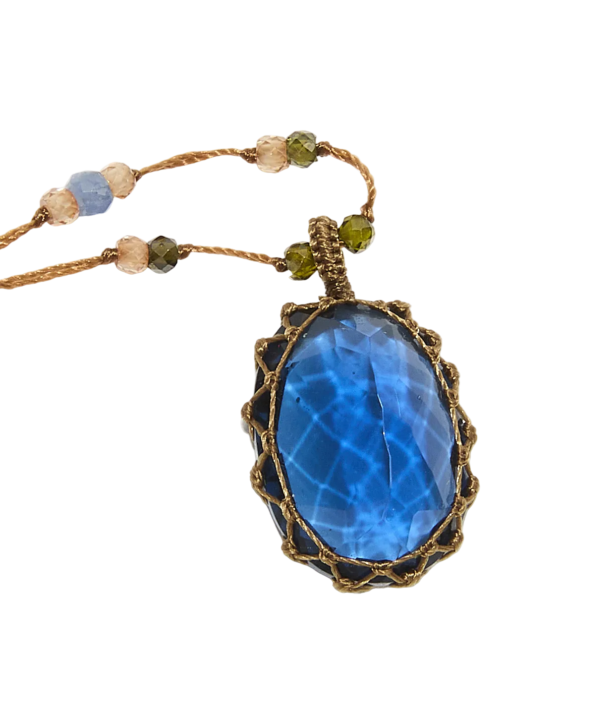 Collier court tibétain - Indian Glass Tanzanite - Mix Saphir - Fil Beige