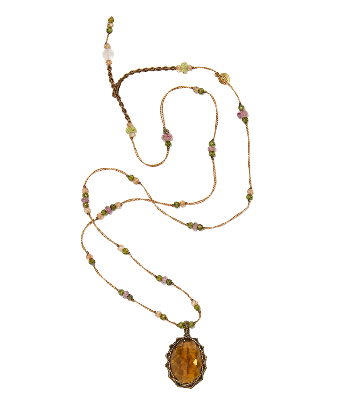 Sautoir Tibétain - Honey quartz - Mix Tourmaline - Fil Tabac
