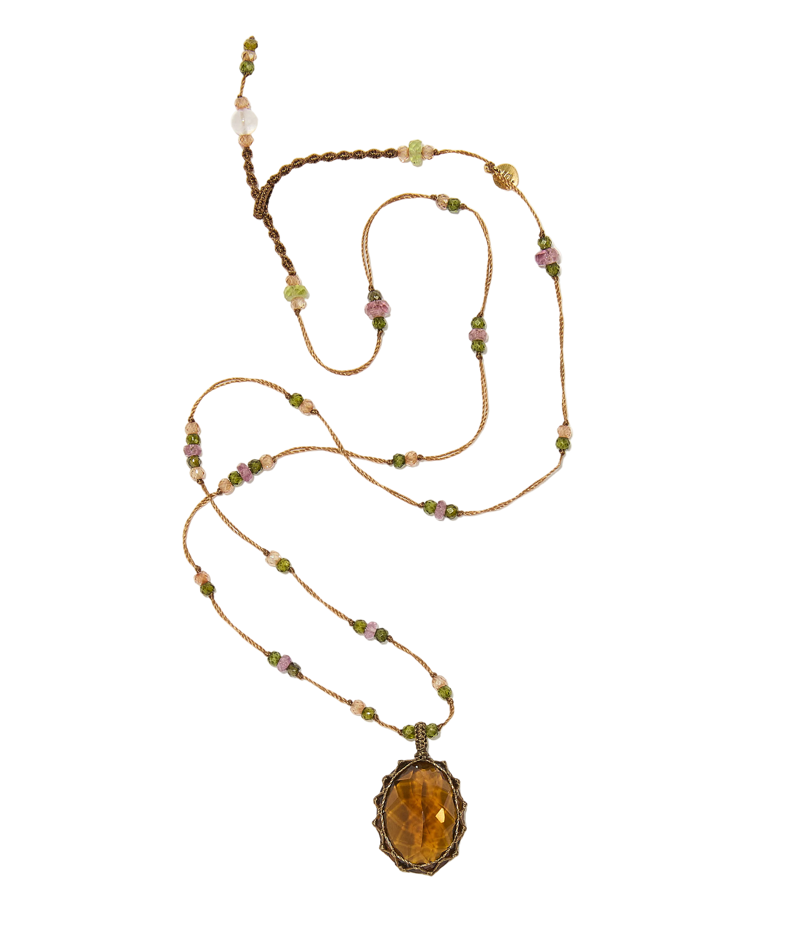 Sautoir Tibétain - Honey quartz - Mix Tourmaline - Fil Tabac