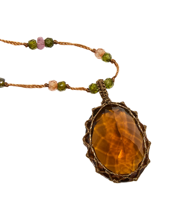 Sautoir Tibétain - Honey quartz - Mix Tourmaline - Fil Tabac