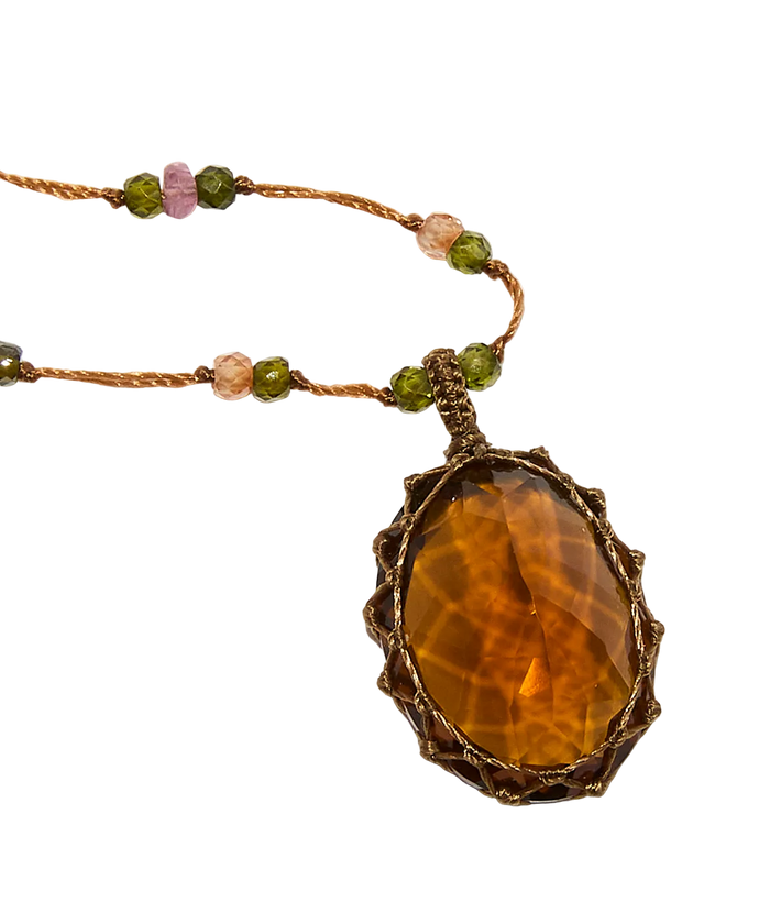 Sautoir Tibétain - Honey quartz - Mix Tourmaline - Fil Tabac