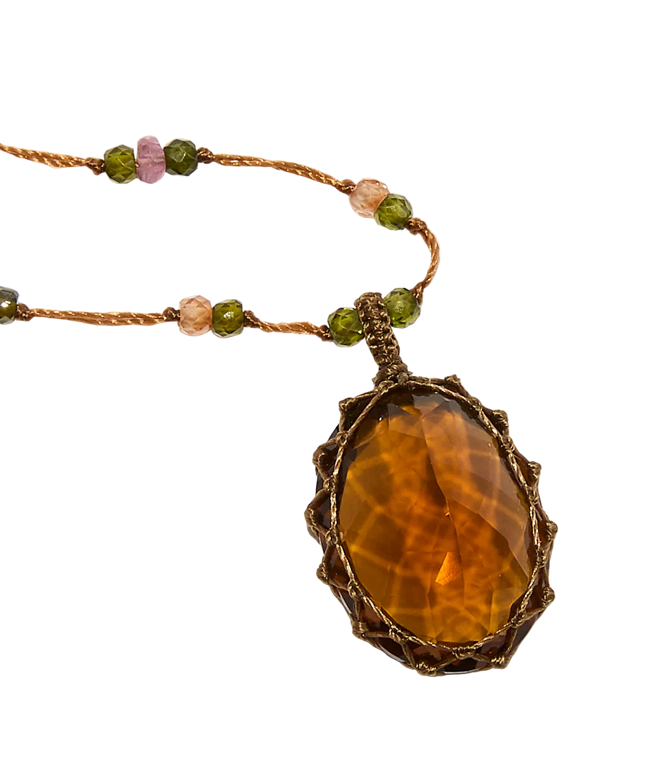 Sautoir Tibétain - Honey quartz - Mix Tourmaline - Fil Tabac