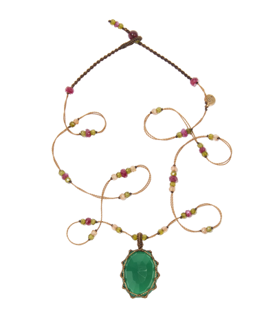 Collier court tibétain - Onyx Vert - Mix Tourmaline Rose - Fil Tabac