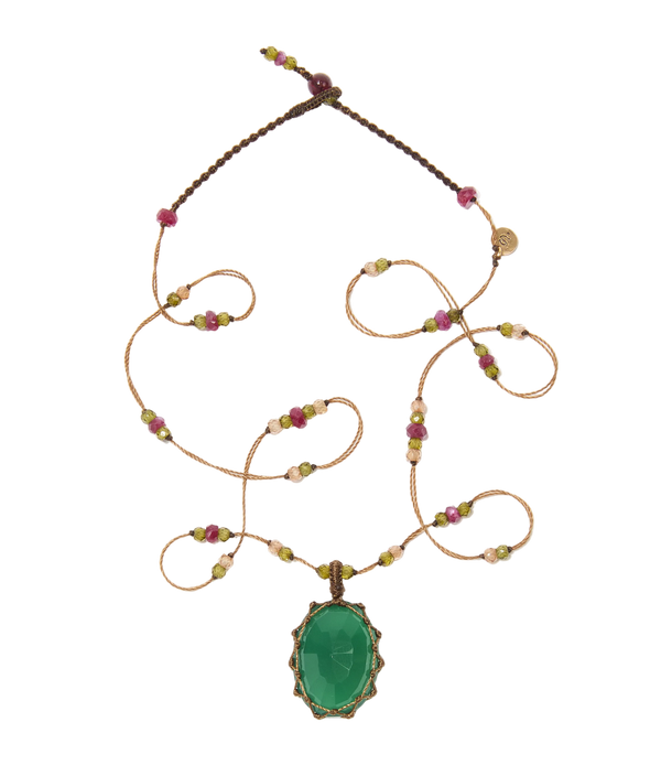 Collier court tibétain - Onyx Vert - Mix Tourmaline Rose - Fil Tabac