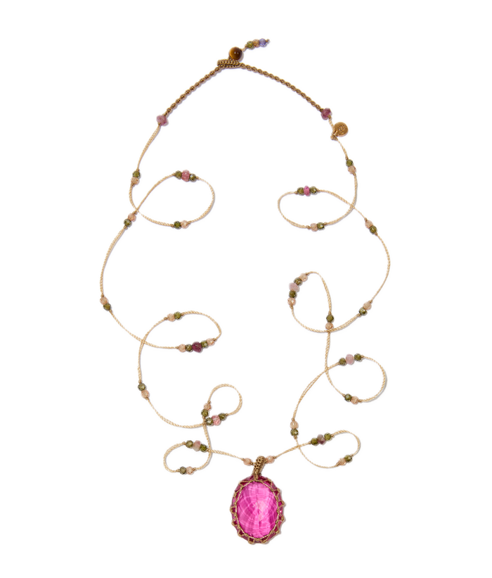 Sautoir Tibétain - Indian Glass Pink - Mix Tourmaline Rose - Fil Beige