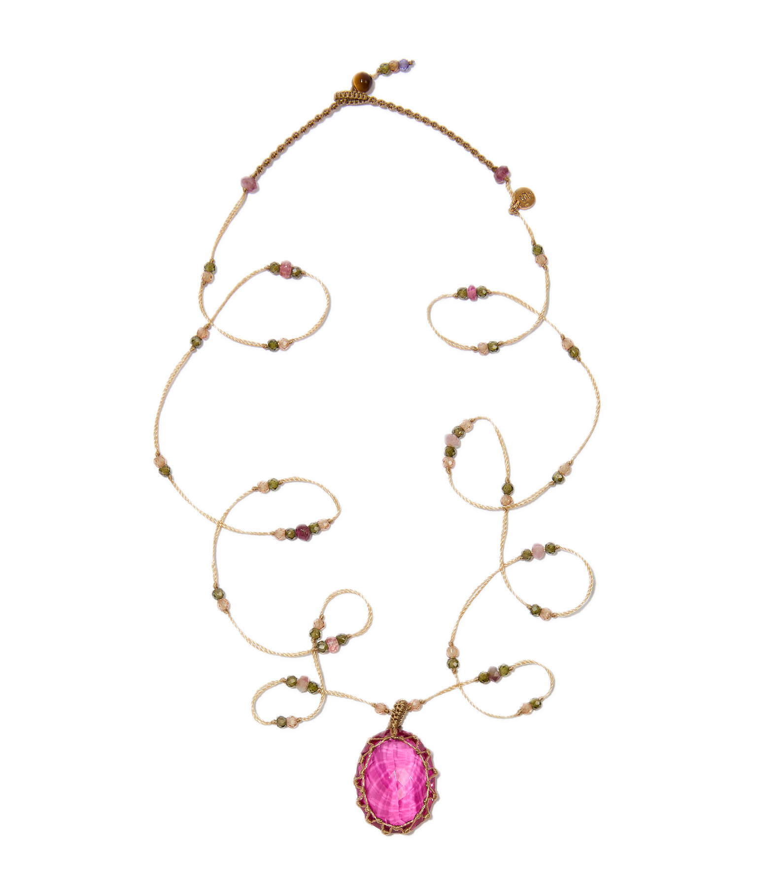 Sautoir Tibétain - Indian Glass Pink - Mix Tourmaline Rose - Fil Beige