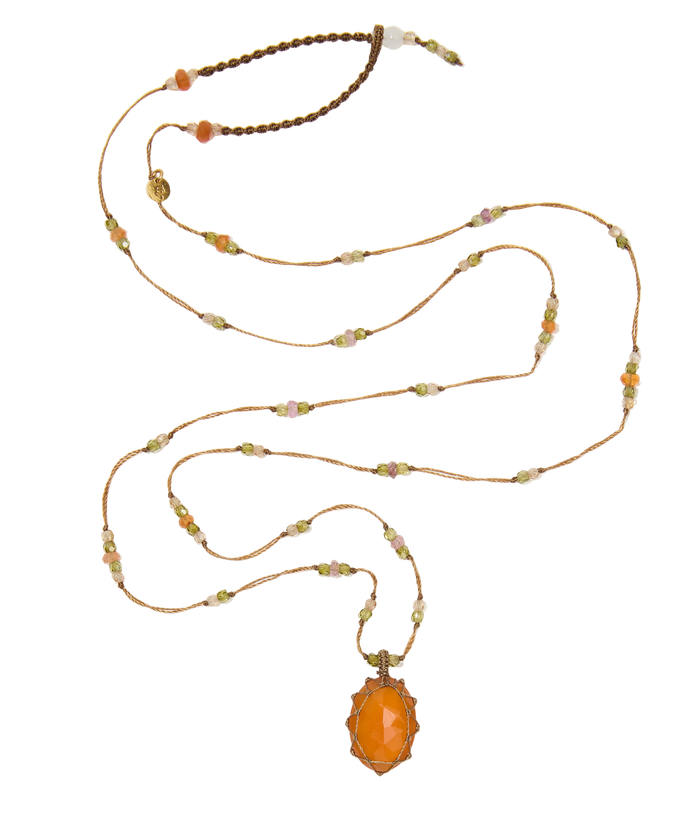 Short Tibetan necklace - Carnelian - Tsavorite & Purple Zircon mix - Beige thread