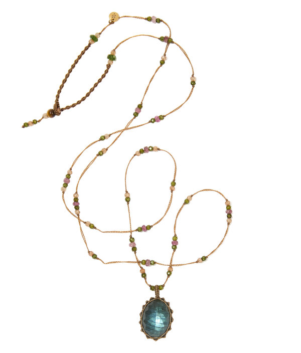Sautoir Tibétain – Labradorite Feu Bleu – Mix Tourmaline Rose – Fil Tabac