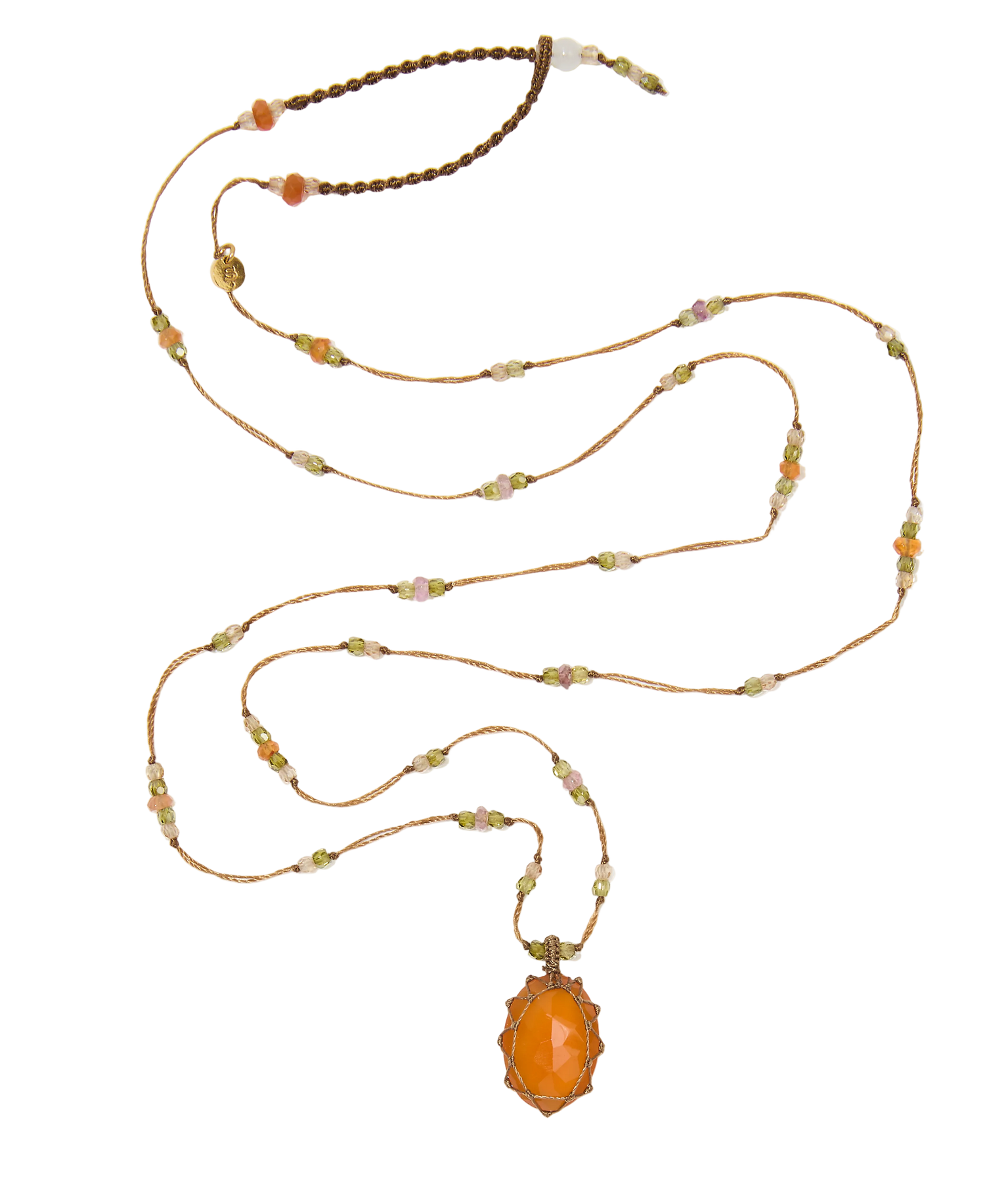 Short Tibetan necklace - Carnelian - Tsavorite & Purple Zircon mix - Beige thread