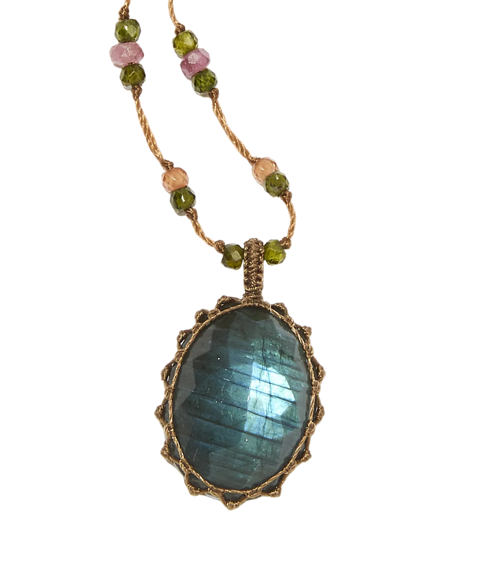 Sautoir Tibétain - Labradorite - Mix Tourmaline Rose - Fil Beige