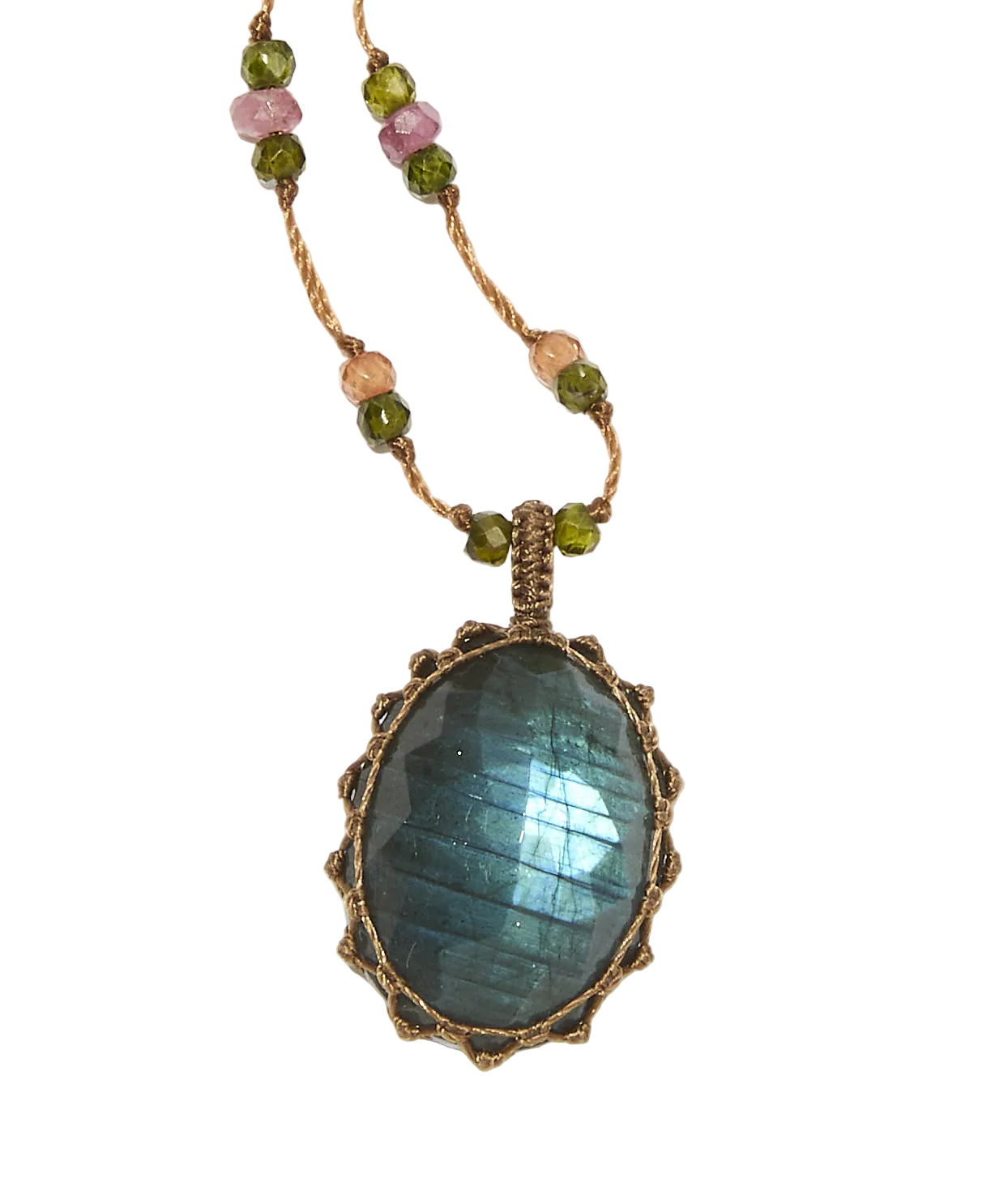 Sautoir Tibétain – Labradorite Feu Bleu – Mix Tourmaline Rose – Fil Tabac