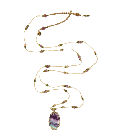 Sautoir Tibétain - Fluorite Rainbow - Mix Tourmaline - Fil Beige