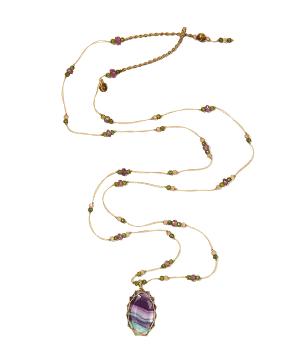 Sautoir Tibétain - Fluorite Rainbow - Mix Tourmaline - Fil Beige