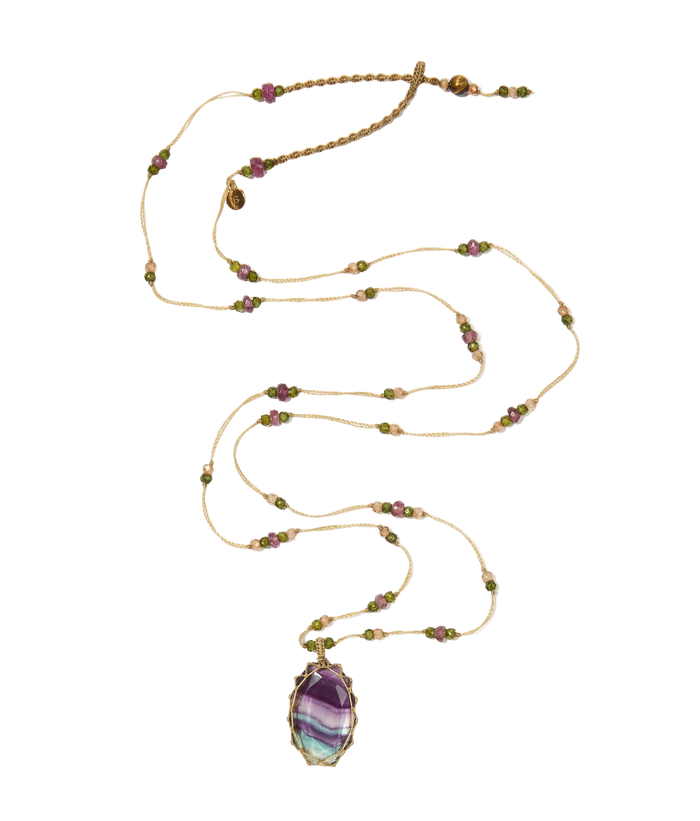 Tibetan Short Necklace - Fluorite Rainbow - Mix Tsavorite & Purple - Tobacco Thread
