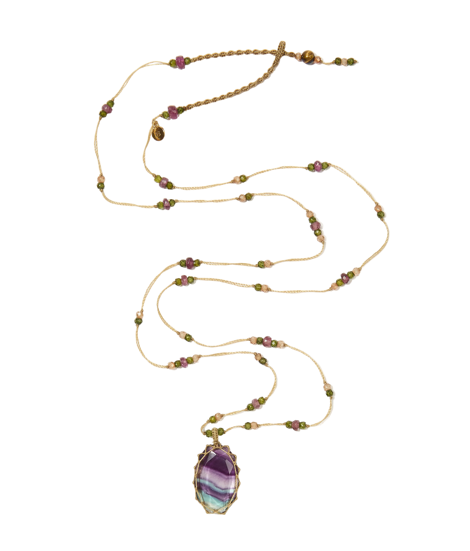 Tibetan Short Necklace - Fluorite Rainbow - Mix Tsavorite & Purple - Tobacco Thread