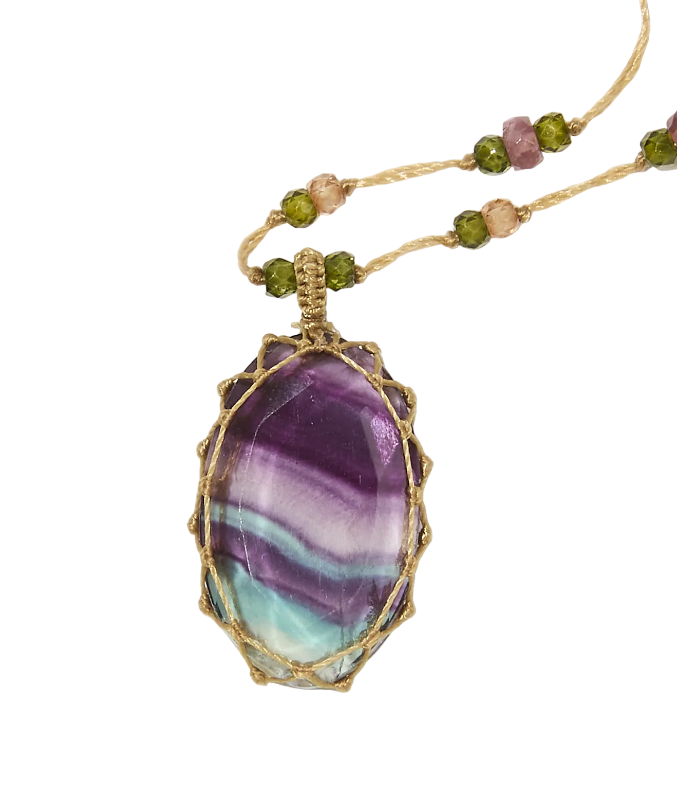 Tibetan Short Necklace - Fluorite Rainbow - Mix Tsavorite & Purple - Tobacco Thread