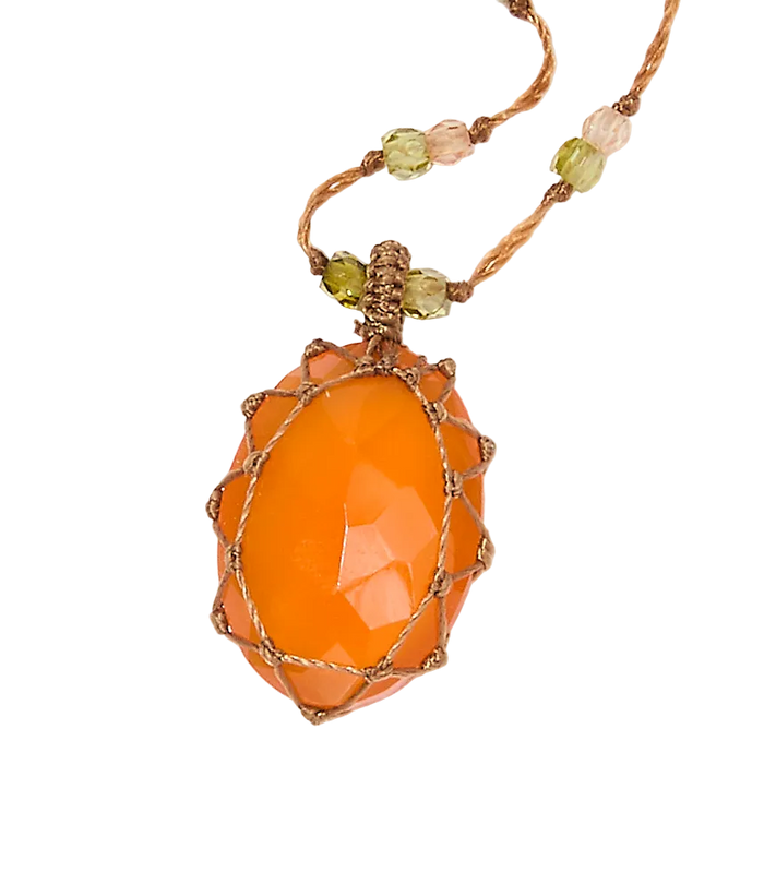 Short Tibetan necklace - Carnelian - Tsavorite & Purple Zircon mix - Beige thread