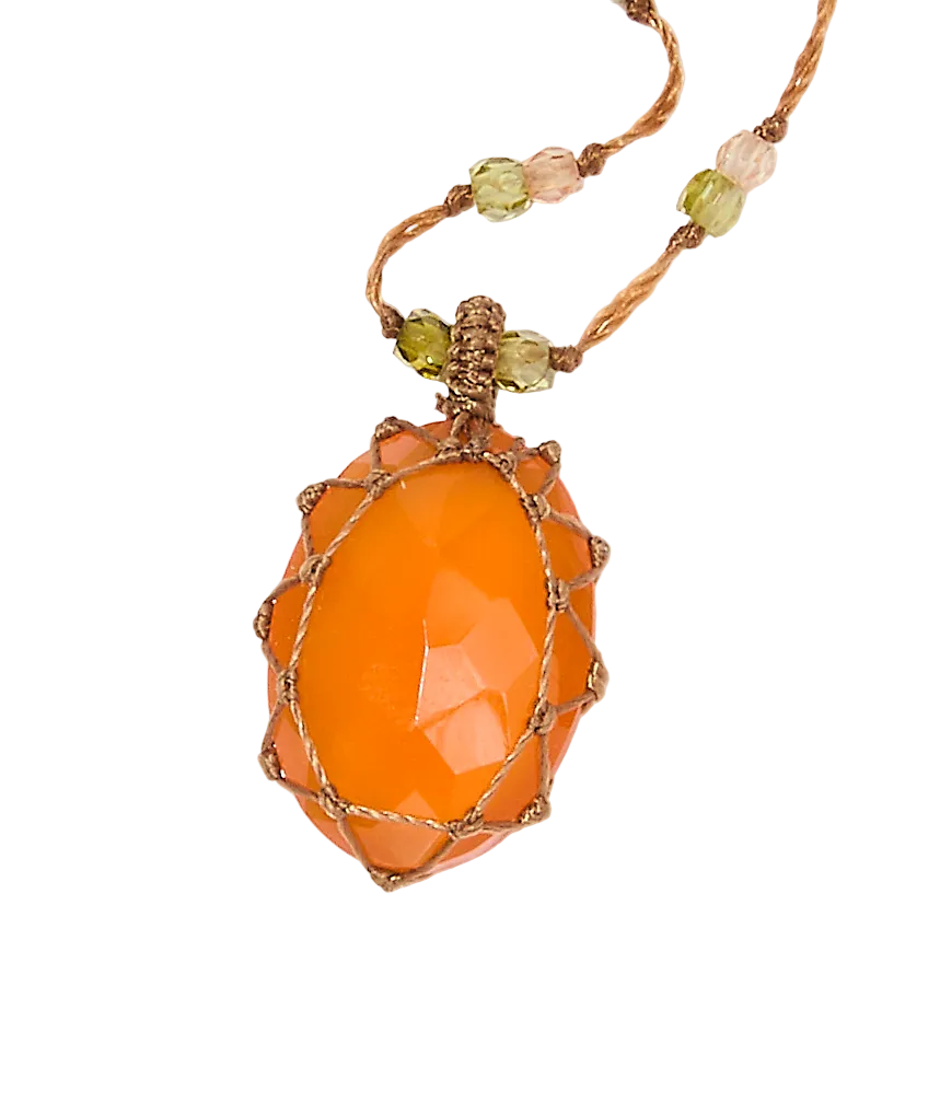 Short Tibetan necklace - Carnelian - Tsavorite & Purple Zircon mix - Beige thread