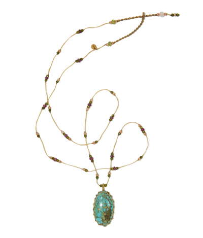 Sautoir tibétain - Turquoise - Mix Tourmaline Rose - Fil Beige