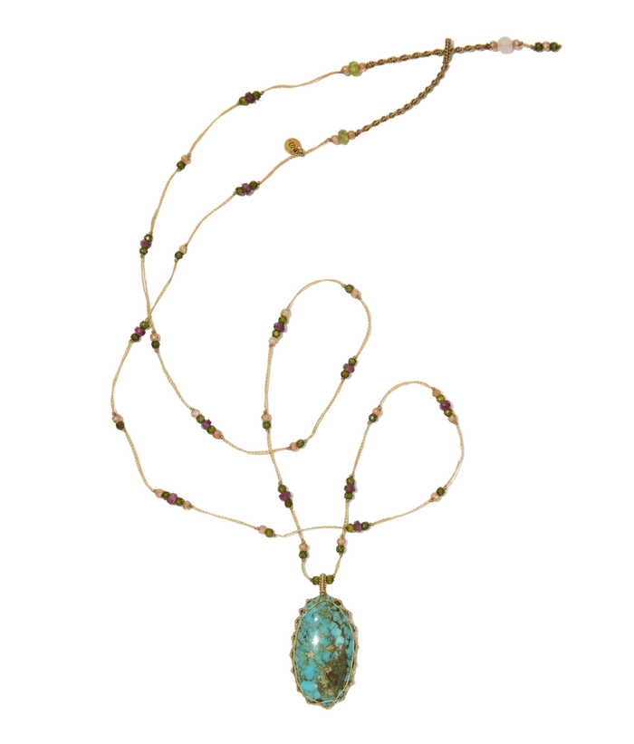 Sautoir tibétain - Turquoise - Mix Tourmaline Rose - Fil Beige