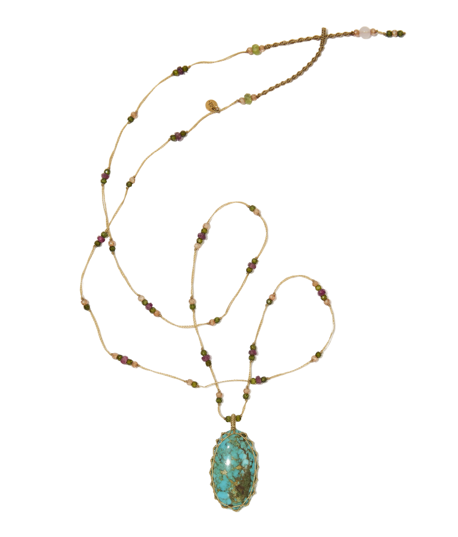 Sautoir tibétain - Turquoise - Mix Tourmaline Rose - Fil Beige