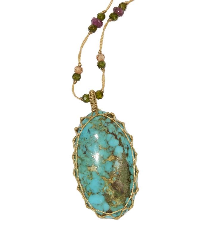 Sautoir tibétain - Turquoise - Mix Tourmaline Rose - Fil Beige
