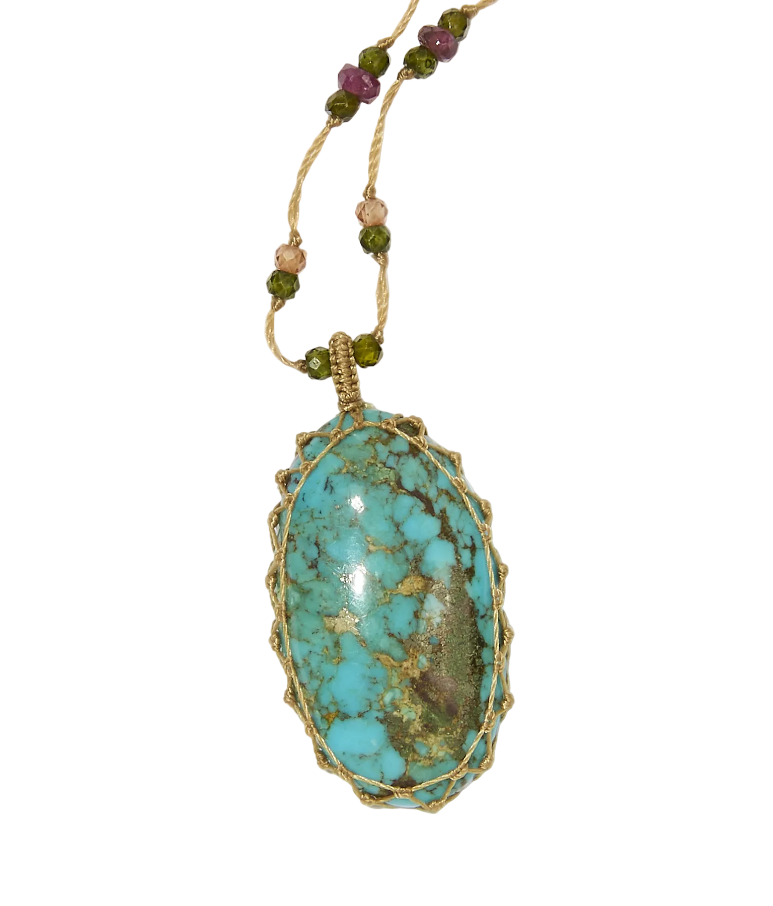 Sautoir tibétain - Turquoise - Mix Tourmaline Rose - Fil Beige