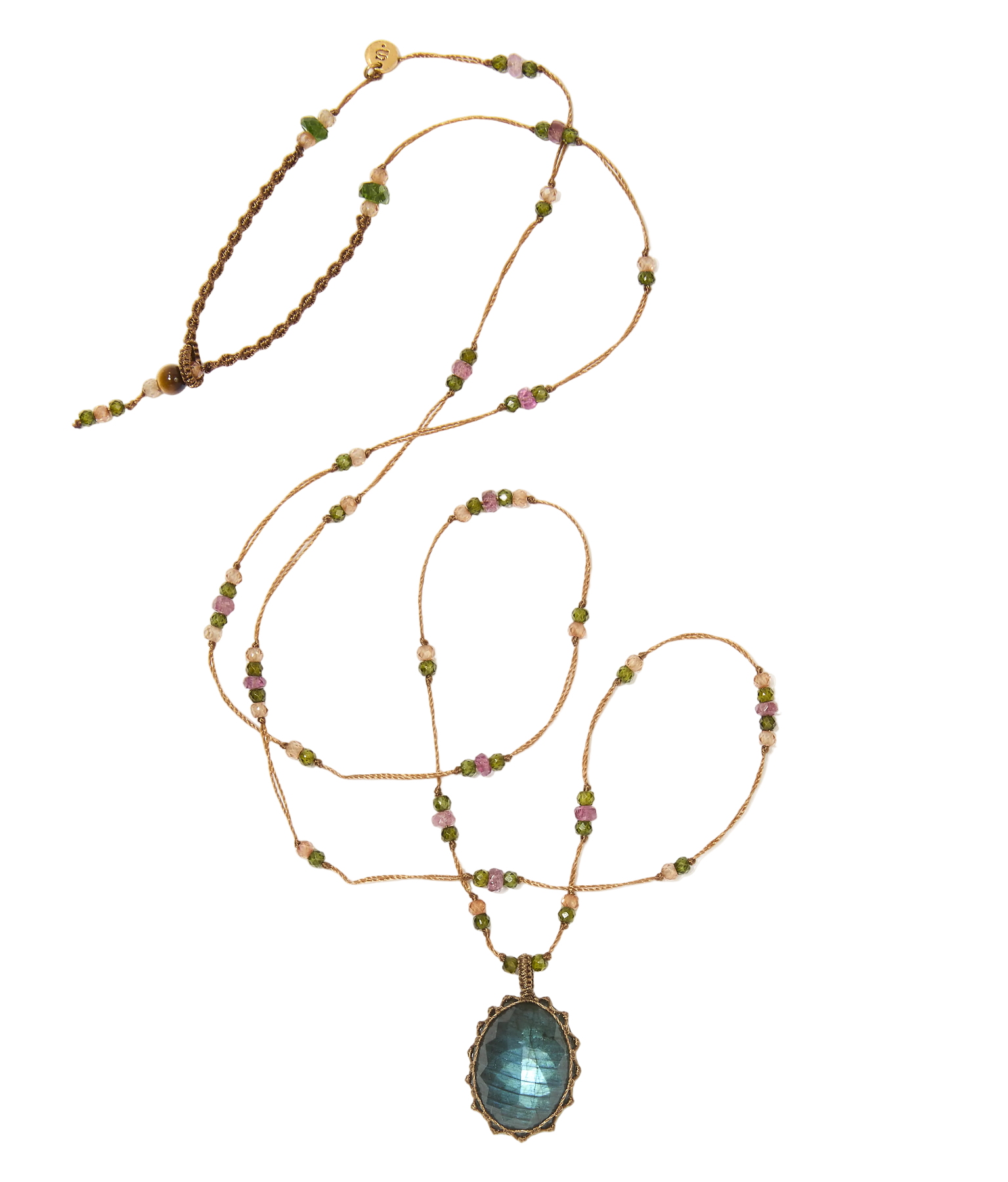 Sautoir Tibétain - Labradorite - Mix Tourmaline Rose - Fil Beige