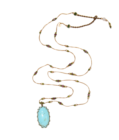 Sautoir tibétain - Turquoise - Mix Tourmaline Rose - Fil Tabac