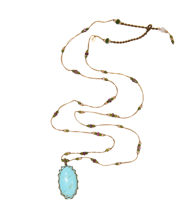Sautoir tibétain - Turquoise - Mix Tourmaline Rose - Fil Tabac
