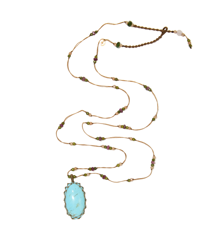 Sautoir tibétain - Turquoise - Mix Tourmaline Rose - Fil Tabac