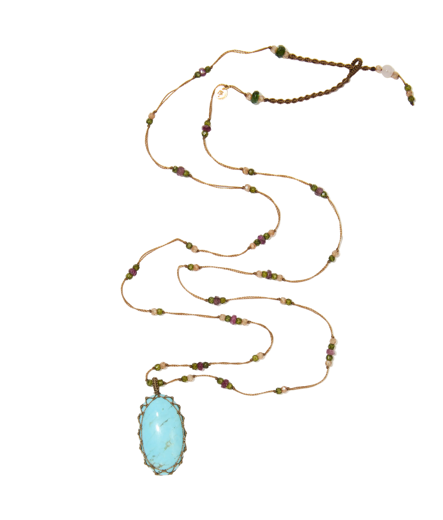 Sautoir tibétain - Turquoise - Mix Tourmaline Rose - Fil Tabac