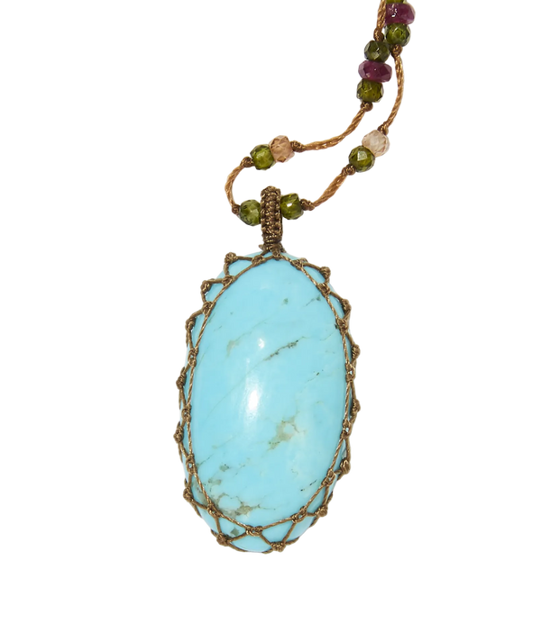 Sautoir tibétain - Turquoise - Mix Tourmaline Rose - Fil Tabac