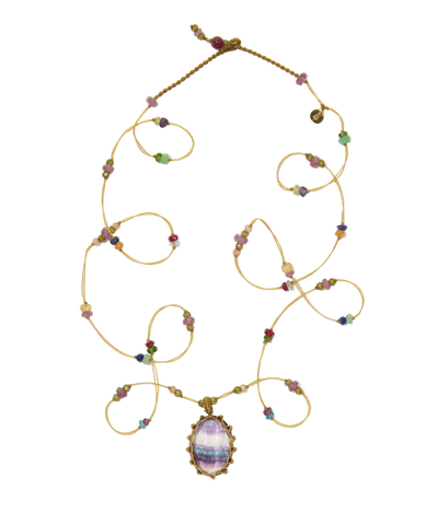 Sautoir Tibétain - Fluorite rainbow - Mix Multipierres - Fil Beige