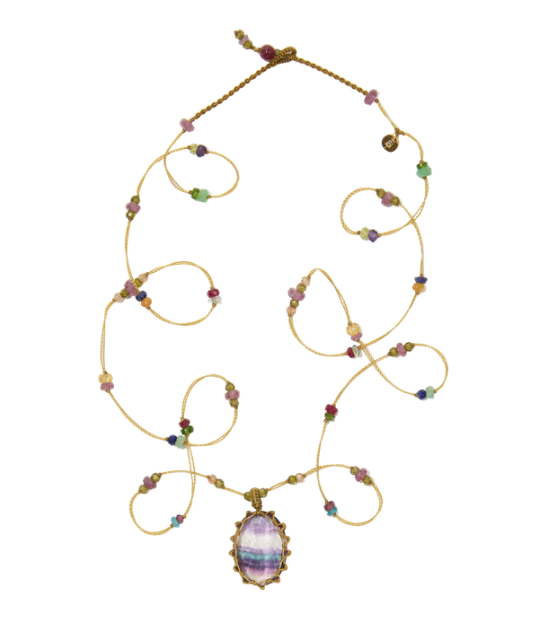 Sautoir Tibétain - Fluorite rainbow - Mix Multipierres - Fil Beige