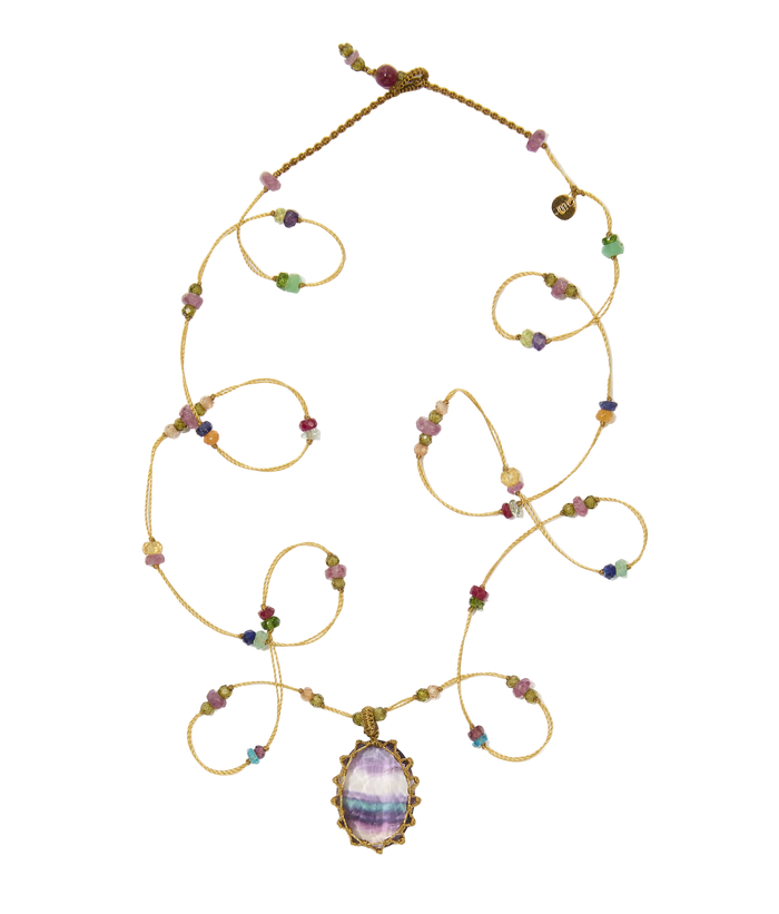 Sautoir Tibétain - Fluorite rainbow - Mix Multipierres - Fil Beige