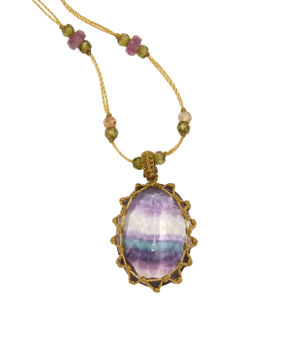 Sautoir Tibétain - Fluorite rainbow - Mix Multipierres - Fil Beige