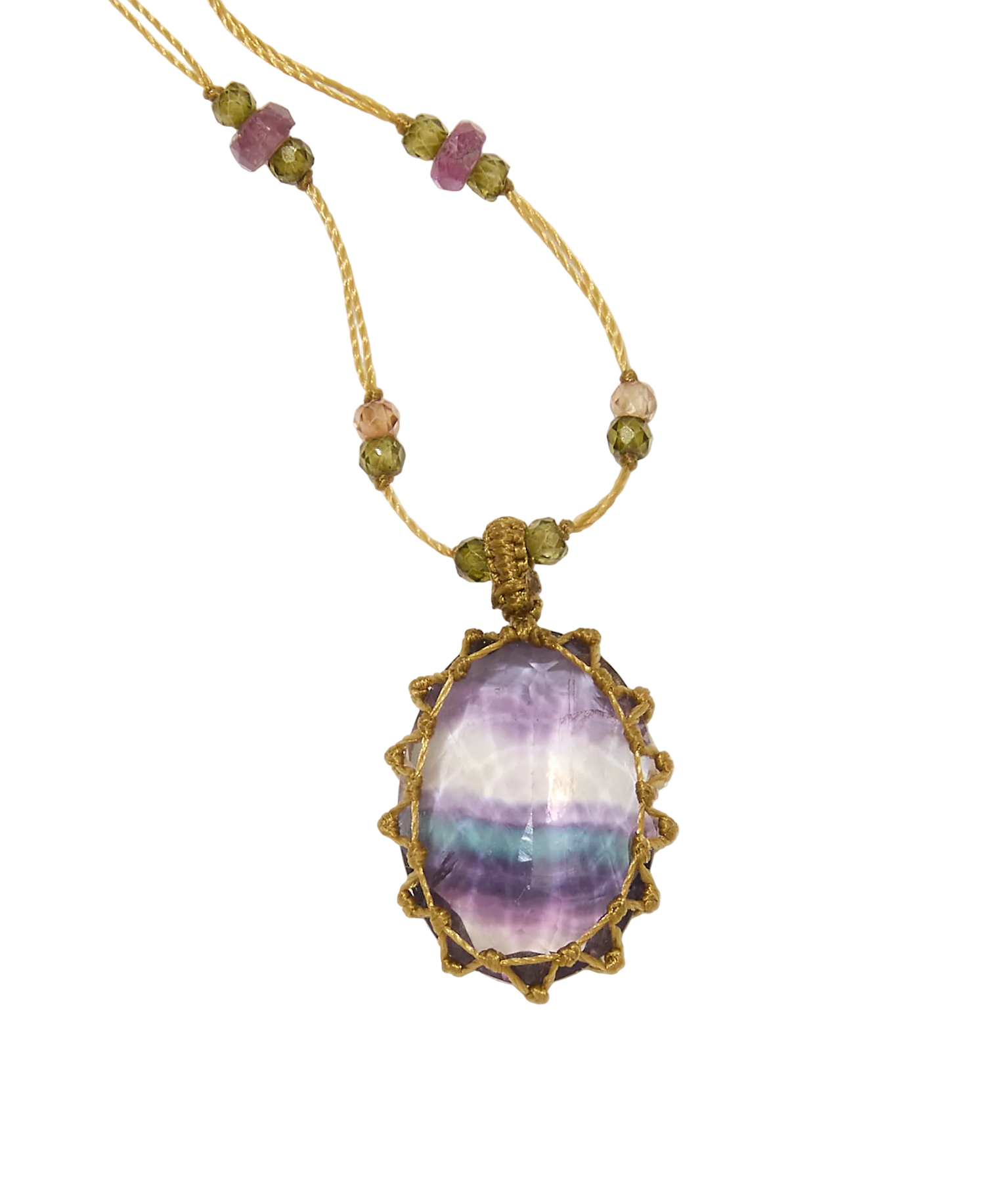 Sautoir Tibétain - Fluorite rainbow - Mix Multipierres - Fil Beige