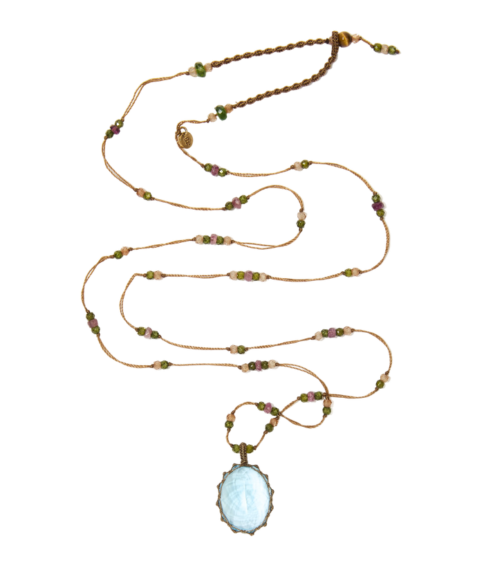 Sautoir tibétain - Topaze Bleue - Mix Tourmaline - Fil Tabac
