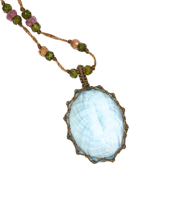Sautoir tibétain - Topaze Bleue - Mix Tourmaline - Fil Tabac